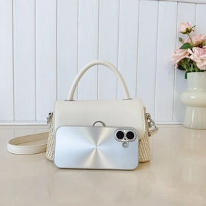 Mini beige contrast handbag with silver smartphone showing the compact product size