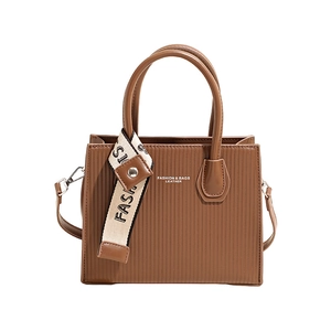 Brown textured PU leather handbag with top handles and fashion embroidery strap