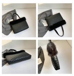 Detail views of black quilted tote bag featuring plush faux fur trim and diamond stitching