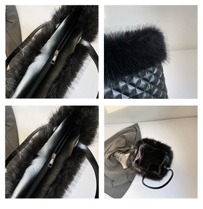Detail view of quilted black tote bag showing faux fur trim, zipper and inner pockets