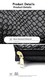 Dettaglio della pelle intrecciata nera e della cerniera in metallo dorato della borsa