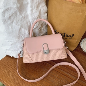 Vintage Women PU Leather Straw Woven Stitching Crossbody Bag Small Square Top Handle Bag Adjustable Strap Casual Shoulder Bag