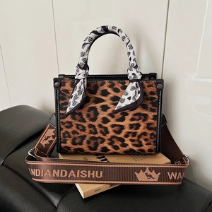 Leopard Print PU Leather Tote Handbag With Satin Scarf Handle And Wide Adjustable Strap Crossbody Bag For Women