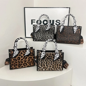 Fashion leopard print tote bag set with heart silk scarf handle and wide strap
