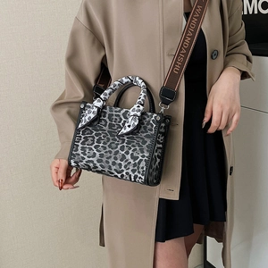 Fashion leopard print tote bag with silk scarf handle and wide textile shoulder strap