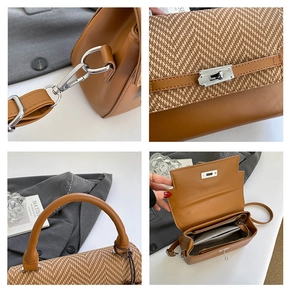 Detailed views of leather kelly bag with brown woven pattern and silver lock hardware