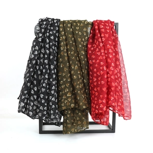 Fashionable long voile scarf with heart prints in black, olive, and red colors