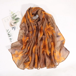 Fashionable floral print voile scarf with orange sunflower pattern for women