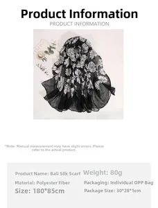 Detail view of floral print voile scarf with lightweight semi-transparent polyester texture