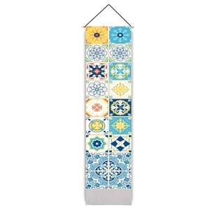 Detail of Mediterranean tapestry featuring vintage tile patterns with blue and yellow accents