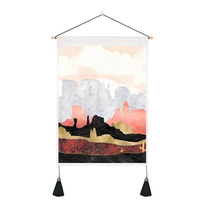 Detail of Nordic tapestry with abstract landscape design, wooden rod and black tassels