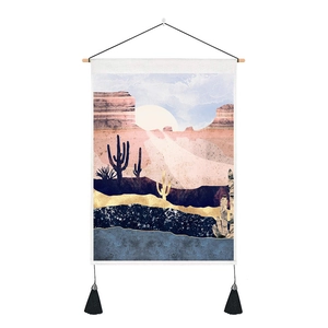 Nordic abstract desert landscape tapestry with cacti and sun featuring black tassels