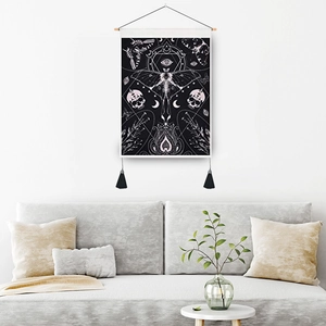 Bohemian moth and skull wall tapestry with black background and white line art