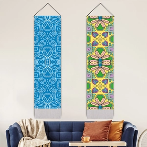 Bohemian Mandala Vertical Tapestry With Wooden Pole Hanging Rope Cotton Linen Geometric Wall Art Home Decor Tassel Fringe