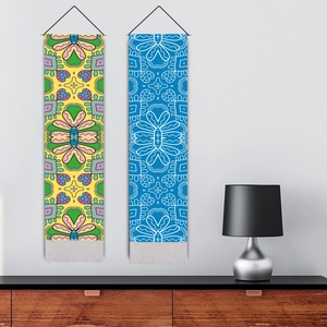 Mediterranean style boho wall tapestry with geometric mandala patterns and grey tassels