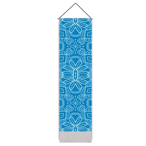 Mediterranean blue and white tapestry with geometric floral patterns and wooden hanger
