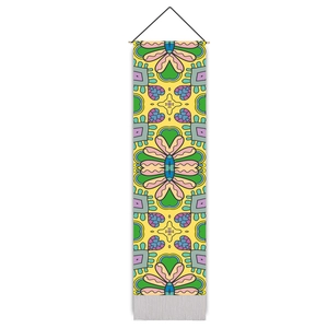 Mediterranean floral mandala vertical wall hanging tapestry with wooden rod and colorful patterns