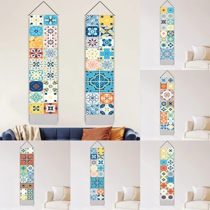 Vertical Wall Tapestry Cotton Linen Mediterranean Moroccan Tile Pattern Hanging Scroll With Wooden Pole And Tassels Boho