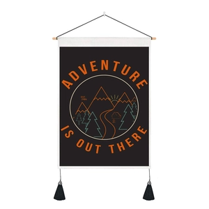 Minimalist canvas mountain landscape adventure wall hanging with wooden rod and black tassels