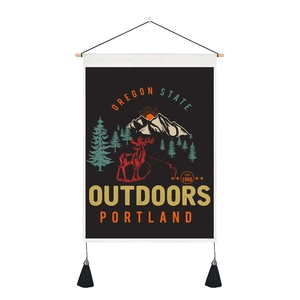 Detailed close-up of retro Oregon State canvas wall art with wood bar and black tassels