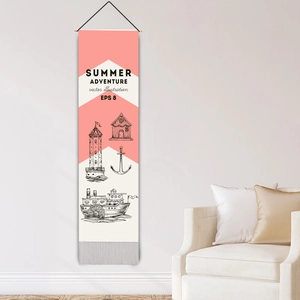Mediterranean nautical wall tapestry with lighthouse and anchor print in soft pink and beige