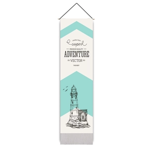Vertical wall hanging with lighthouse sketch and geometric chevron background
