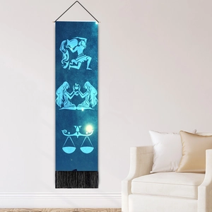 Vertical constellations tapestry with navy starry sky, white line art and black tassels