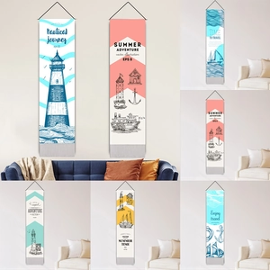 Nautical Hanging Wall Tapestry Cotton Linen Mediterranean Style Lighthouse Sailboat Hand Drawn Scroll
