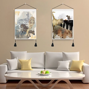 Tapisserie Murale Animaux Abstraits Style Nordique Décoration Murale Avec Tige En Bois Et Glands Pour Salon Chambre