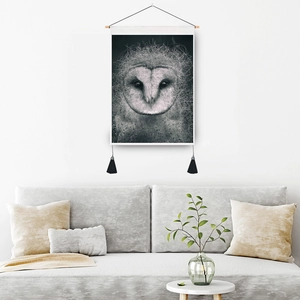 Tapisserie hibou minimaliste nordique avec tige en bois et pompons noirs pour mur