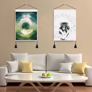 Nordic Art Wall Tapestry Hanging Scroll Cotton Polyester Abstract Portrait Decor With Wood Pole Tassels For Home Bedroom