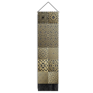 Arabic geometric wall scroll with gold lattice patterns, black tassels and wood frame