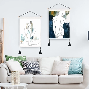 Minimalist body art line drawing wall tapestry set with wooden hangers and tassels