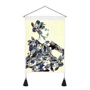Nordic abstract floral portrait wall hanging tapestry with wooden pole and tassels