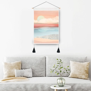 Nordic abstract mountain landscape fabric wall tapestry with wood pole and black tassels