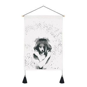 Artistic wall tapestry with fox mask character, wooden rod, and decorative black tassels