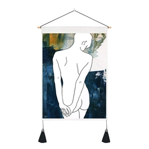 Minimalist wall tapestry with abstract human silhouette, wooden rod and black tassels