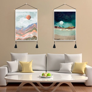 Nordic Abstract Landscape Wall Tapestry With Wood Rod Tassels Marble Mountain Sunrise Scroll Hanging Painting For Home Decor