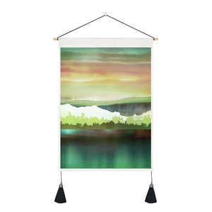 Abstract Nordic landscape wall hanging with wooden rod, sun, mountains and black tassels