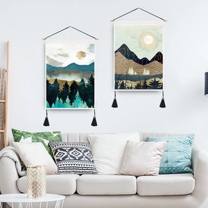 Two-piece marble sunrise mountain landscape tapestry wall art with wooden hanging scroll