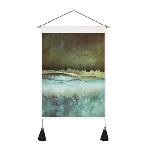 Nordic starry night and forest tapestry with wood hanging rod and black tassels