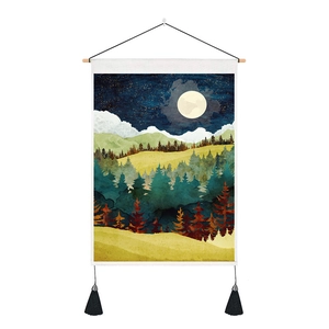 Modern mountain sunrise scroll tapestry with forest stars and elegant black tassels