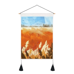 Detail of Nordic landscape wall tapestry with autumn scenery, wooden rod and black tassels