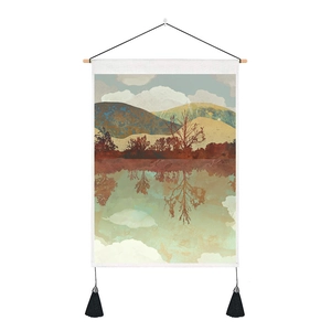 Abstract mountain landscape tapestry with wooden rod and black bottom tassels decoration