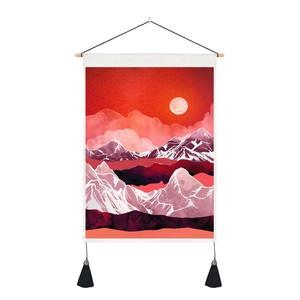 Abstract mountain and sunrise wall hanging tapestry with wooden pole and black tassels