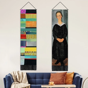 Tapisserie Murale Verticale Mélange Coton Lin Avec Gland Peinture D'Art Suspendue Pour Salon Décor Nordique Portrait Abstrait