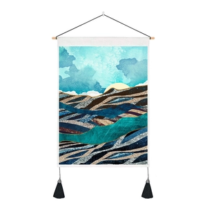 Nordic abstract ocean mountain landscape wall art with teal mountains and sun