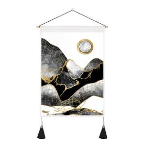 Detail of modern marble landscape wall tapestry with wooden rod and black tassels