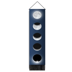 Détail de la tapisserie murale phases de lune avec imprimé bleu et glands noirs