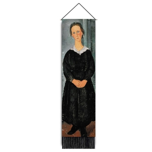 Rouleau mural en tissu portrait Modigliani classique avec élégants pompons noirs et corde